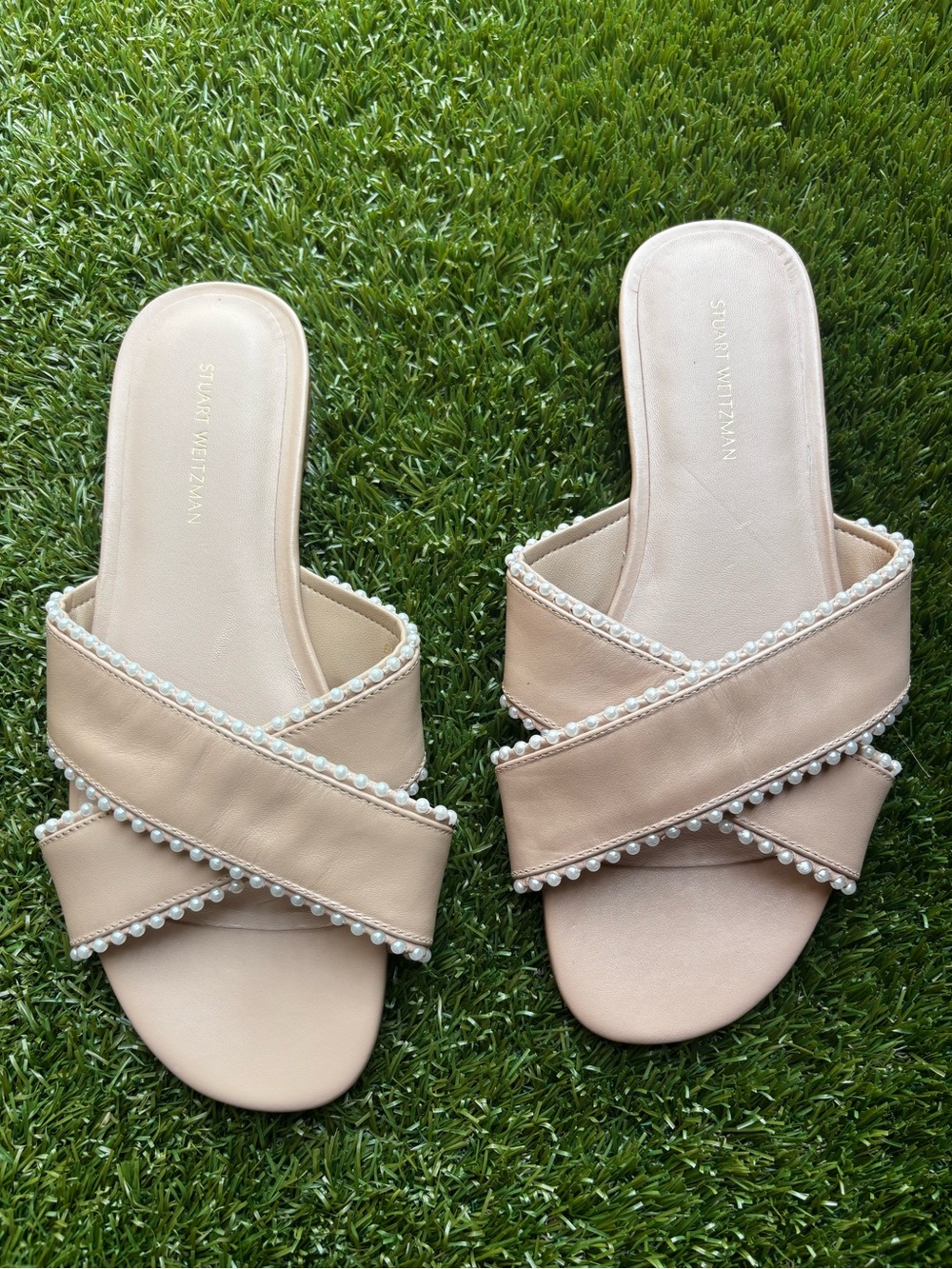 Stuart Weitzman Beige Pearl-Trim Slide Mules